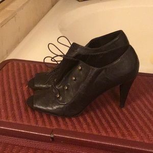 Dark brown open toe lace bootie heels